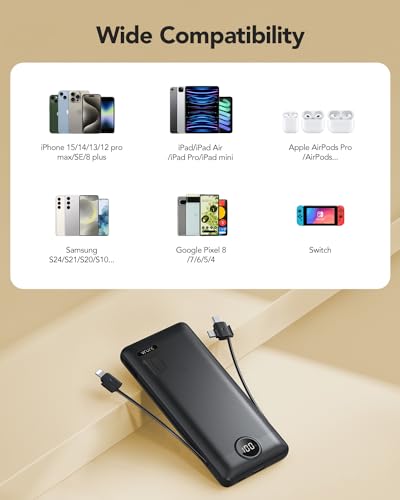 10000mAh Portable Charger with Built-in Cables