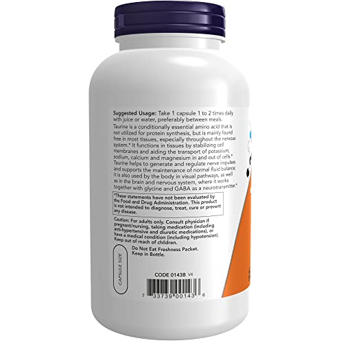 NOW Foods Taurine 1,000 mg, 250 Veg Capsules