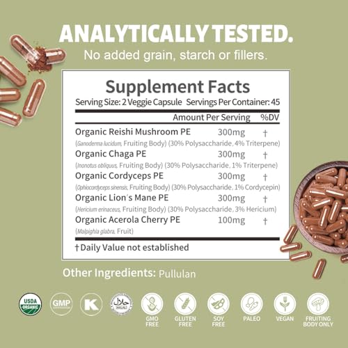 Organic 4-in-1 Mushroom Complex Supplement, 90 Caps