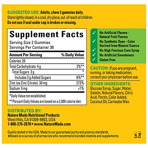 Nature Made Extra Strength Zinc Gummies, 60 Count