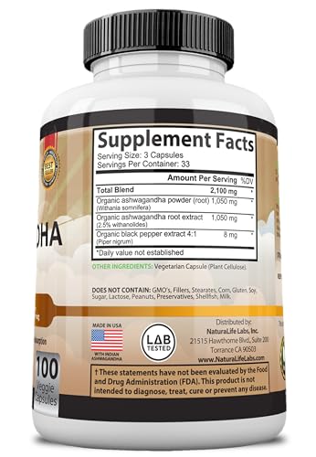 Organic Ashwagandha 2,100 mg - Stress Relief Capsules