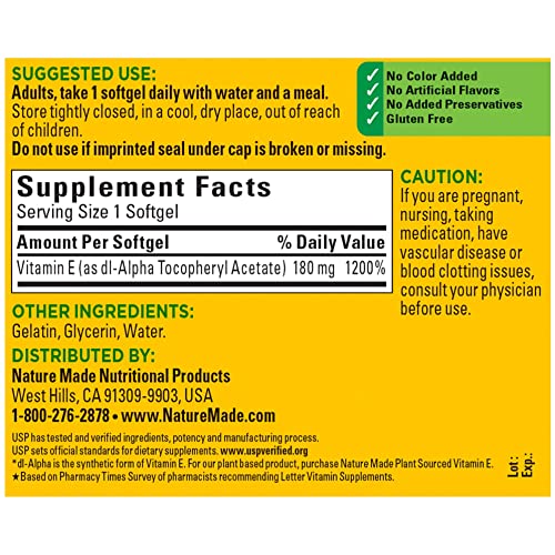 Nature Made Vitamin E 180 mg Softgels, 180 Count