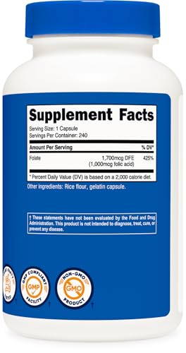 Nutricost Folic Acid 1000 mcg, 240 Capsules