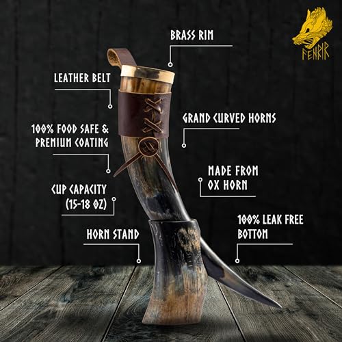 Viking Drinking Horn Stein with Stand and Opener