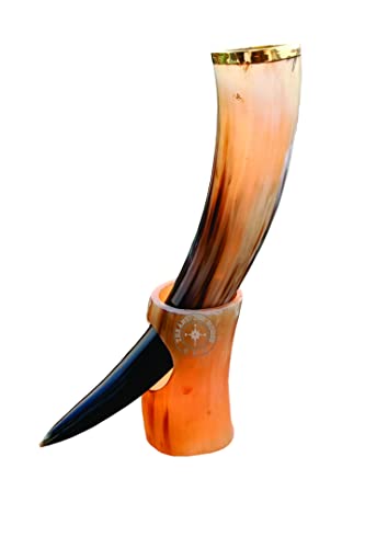 Viking Style Ox Horn Drinking Mug with Stand