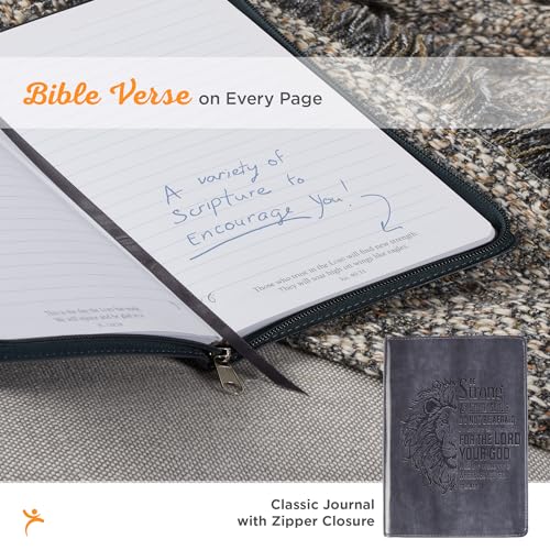 Classic Faux Leather Journal Be Strong and Courageous Lion Joshua 1:9 Bible Verse Gray Inspirational Notebook, Lined Pages w/Scripture, Ribbon Marker, Zipper Closure