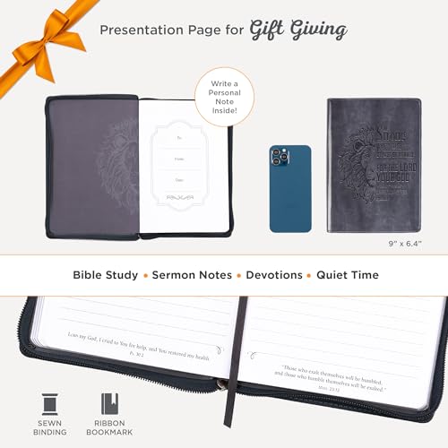 Classic Faux Leather Journal Be Strong and Courageous Lion Joshua 1:9 Bible Verse Gray Inspirational Notebook, Lined Pages w/Scripture, Ribbon Marker, Zipper Closure