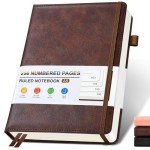 Lined Leather Journal Notebook for Men Women, Hardcover Journals with 256 Numbered Pages, A5 Journaling Notebooks for Writing, 100GSM Thick Ruled Paper for Business Work School 5.75"×8.38", Brown