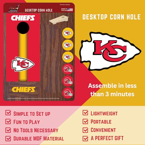 Kansas City Chiefs NFL Desktop Cornhole Set with Brown Wood Grain Design and Team Logo by Fan Creations – Miniature Novelty Game for Workplace, Home, or Dorm – Easy One-Time Assembly – Stress Relief