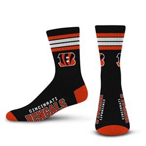 For Bare Feet NFL 4 Stripe Deuce Crew Sock, Cincinnati Bengals, Large