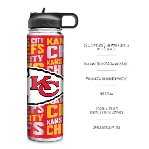 Rico Industries NFL Football Kansas City Chiefs 22oz Stainless Steel Tumbler with Lid - Great For Coffee, Tea, Water or Cocktails
