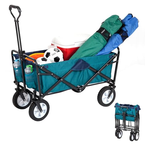 MacSports Classic Collapsible Folding Outdoor Utility Wagon | Heavy Duty Cart w/Wheels for Groceries, Sports Equipment, Gardening, Camping, Tailgating | Two Tone Teal/Navy | 32.5" L x 17.5" W Basket