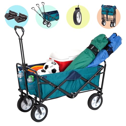 MacSports Classic Collapsible Folding Outdoor Utility Wagon | Heavy Duty Cart w/Wheels for Groceries, Sports Equipment, Gardening, Camping, Tailgating | Two Tone Teal/Navy | 32.5" L x 17.5" W Basket