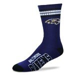 For Bare Feet NFL Youth 4 Stripe Deuce Crew Sock, Baltimore Ravens, One Size