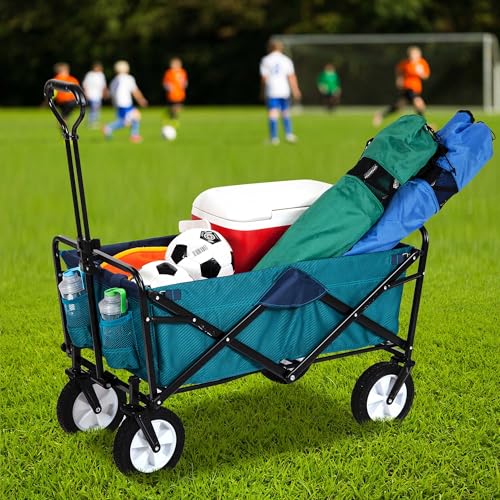MacSports Classic Collapsible Folding Outdoor Utility Wagon | Heavy Duty Cart w/Wheels for Groceries, Sports Equipment, Gardening, Camping, Tailgating | Two Tone Teal/Navy | 32.5" L x 17.5" W Basket