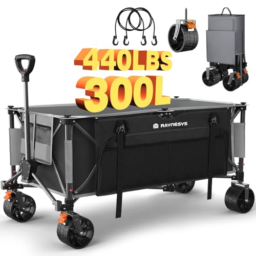 Raynesys Collapsible Wagon Cart with Wheels Foldable, 440lbs 300L Heavy Duty Folding Wagon, Foldable Wagon for Sports Beach Grocery Camping, Upgraded Effortless Elegance, Black & Gray