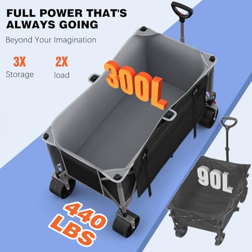 Raynesys Collapsible Wagon Cart with Wheels Foldable, 440lbs 300L Heavy Duty Folding Wagon, Foldable Wagon for Sports Beach Grocery Camping, Upgraded Effortless Elegance, Black & Gray