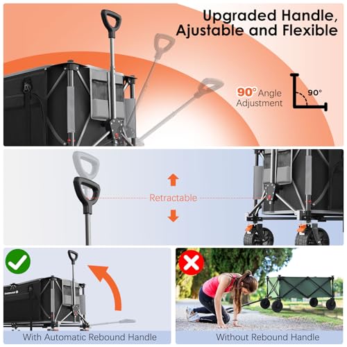 Raynesys Collapsible Wagon Cart with Wheels Foldable, 440lbs 300L Heavy Duty Folding Wagon, Foldable Wagon for Sports Beach Grocery Camping, Upgraded Effortless Elegance, Black & Gray