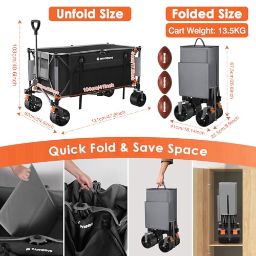 Raynesys Collapsible Wagon Cart with Wheels Foldable, 440lbs 300L Heavy Duty Folding Wagon, Foldable Wagon for Sports Beach Grocery Camping, Upgraded Effortless Elegance, Black & Gray