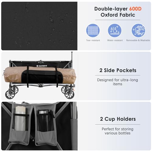 Raynesys Collapsible Wagon Cart with Wheels Foldable, 440lbs 300L Heavy Duty Folding Wagon, Foldable Wagon for Sports Beach Grocery Camping, Upgraded Effortless Elegance, Black & Gray