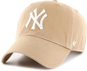 47 Brand MLB Khaki White Primary Logo Clean Up Adjustable Strap Baseball Dad Hat Cap, Adult One Size Fits All - New York Yankees - Khaki White