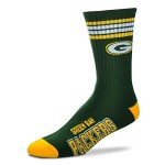 For Bare Feet NFL Youth 4 Stripe Deuce Crew Sock, Green Bay Packers, One Size