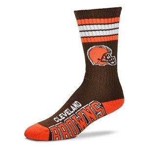 For Bare Feet NFL Youth 4 Stripe Deuce Crew Sock, Cleveland Browns, One Size