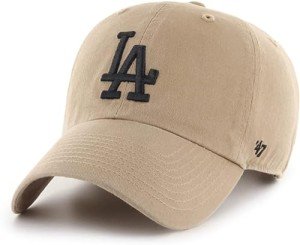 47 MLB Khaki Primary Logo Clean Up Adjustable Strap Baseball Dad Hat Cap, Adult One Size Fits All - Los Angeles Dodgers - Khaki Black