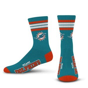 For Bare Feet NFL 4 Stripe Deuce Crew Sock, Miami Dolphins, Large