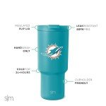 Simple Modern Officially Licensed NFL Miami Dolphins 30 oz Tumbler with Flip Lid and Straws | Insulated Cup Stainless Steel | Gifts for Men Women | Trek Collection | Miami Dolphins