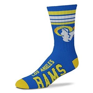 For Bare Feet NFL Youth 4 Stripe Deuce Crew Sock, Los Angeles Rams, One Size