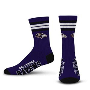 For Bare Feet NFL 4 Stripe Deuce Crew Sock, Baltimore Ravens, Large
