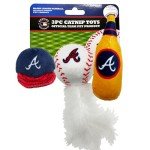 BEST PLUSH CAT TOY - MLB ATLANTA BRAVES Complete Set of 3 piece Cat Toys filed with Fresh Catnip. Incld: 1 Baseball Cap Cat Toy, 1 Baseball Cat Toy with Feathers, & 1 Beer Bottle. Beautiful Team LOGOS