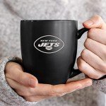 Rico Industries NFL Football New York Jets Main 15oz Laser Engraved Matte Black Ceramic Bistro Mug - For Hot or Cold Drinks