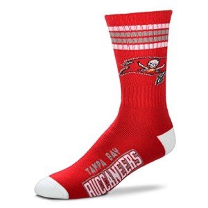 For Bare Feet NFL Youth 4 Stripe Deuce Crew Sock, Tampa Bay Buccaneers, One Size