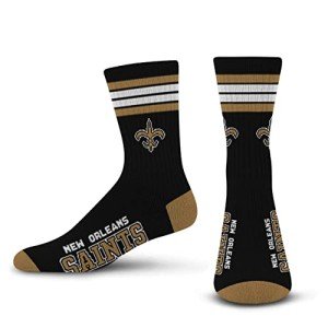 For Bare Feet NFL 4 Stripe Deuce Crew Sock, New Orleans Saints, Large