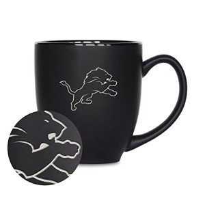 Rico Industries NFL Football Detroit Lions Main 15oz Laser Engraved Matte Black Ceramic Bistro Mug - For Hot or Cold Drinks