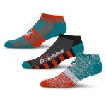 For Bare Feet NFL MIAMI DOLPHINS Stripe Stack 3 Pack Ankle Sock Team Colors Large