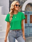 MEROKEETY Womens Round Neck Short Sleeve Crop Tee Shirt Classic Solid Color Workout Tops, Green, M