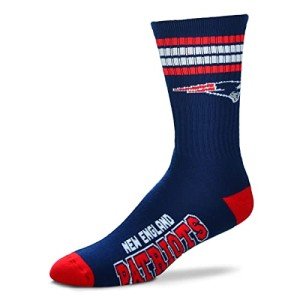 For Bare Feet NFL Youth 4 Stripe Deuce Crew Sock, New England Patriots, One Size