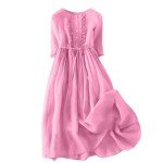 Ceboyel Women Bohemian Cotton Linen Dresses 3/4 Sleeve Maxi Long Dress Plain Classic Dresses Trendy Boho Dresses with Belt Vacation Outfits for Women Tropical Lounge Sexy Pink 2X
