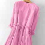 Ceboyel Women Bohemian Cotton Linen Dresses 3/4 Sleeve Maxi Long Dress Plain Classic Dresses Trendy Boho Dresses with Belt Vacation Outfits for Women Tropical Lounge Sexy Pink 2X