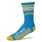 For Bare Feet NFL Youth 4 Stripe Deuce Crew Sock, Los Angeles Chargers, One Size
