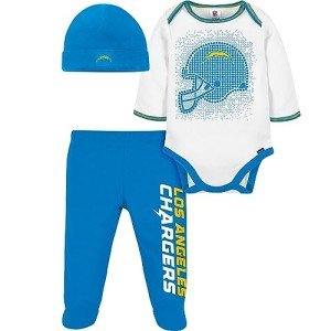 Gerber NFL Baby Boys' 3Pc Bodysuit, Footed Pant, & Cap Set, Los Angeles Chargers, 6-9 Months