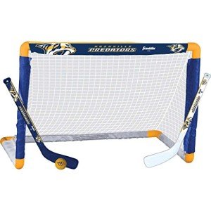 Franklin Sports Nashville Predators Mini Hockey Set - Knee Hockey Goal, Ball, & 2 Hockey Stick Combo Set - Mini Goal Net - NHL Official Hockey Set