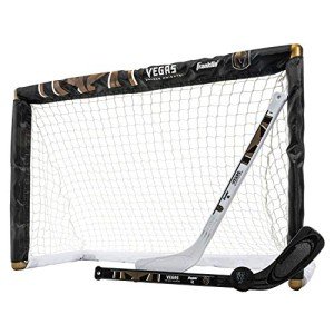 Franklin Sports Vegas Golden Knights Mini Hockey Set - Knee Hockey Goal, Ball, & 2 Hockey Stick Combo Set - Mini Goal Net - NHL Official Hockey Set