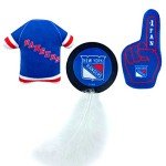BEST PLUSH CAT TOY: NHL NEW YORK RANGERS Complete Set of 3 piece Cat Toys filled with Fresh Catnip. Incl: 1 Jersey Cat Toy, 1 Hockey Puck Cat Toy with Feathers & 1 #1 Fan Cat Toy. All with Team LOGOS