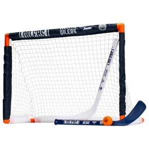 Franklin Sports NHL Edmonton Oilers Mini Hockey Set - Kids Indoor Knee Hockey Goal, Ball, + 2 Mini Hockey Stick Combo Set - Youth NHL Team Indoor Toy Knee Hockey Sets - NHL Official - Ages 3+