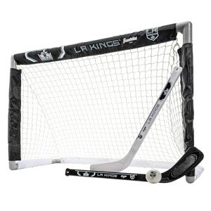 Franklin Sports Los Angeles Kings Mini Hockey Set - Knee Hockey Goal, Ball, & 2 Hockey Stick Combo Set - Mini Goal Net - NHL Official Hockey Set , 28" x 20" x 12"