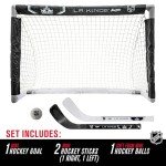 Franklin Sports Los Angeles Kings Mini Hockey Set - Knee Hockey Goal, Ball, & 2 Hockey Stick Combo Set - Mini Goal Net - NHL Official Hockey Set , 28" x 20" x 12"